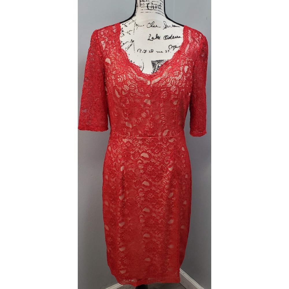 Jax Sheath Dress Womens 10 Red Tan Lace Overlay Lined Padded 3/4 Sleeve Back Zip